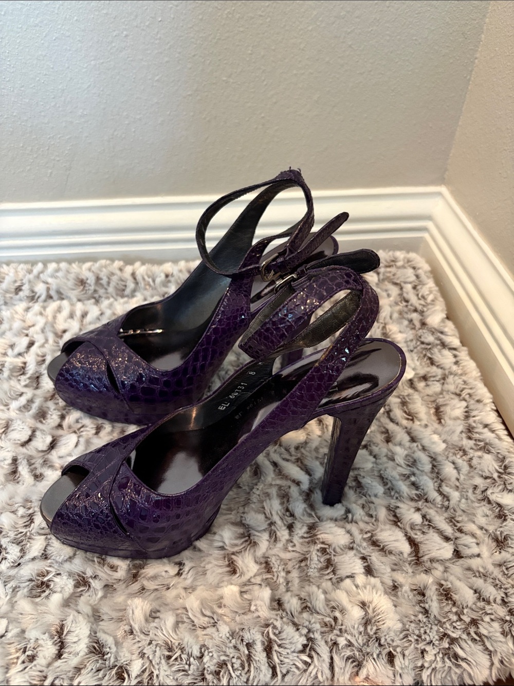 Stuart Weitzman Dark Purple Snakeskin Peep-Toe Ankle-Strap Heels